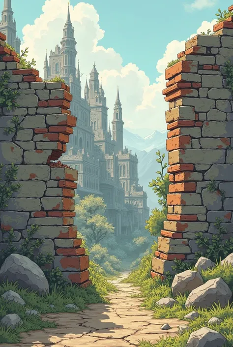 Broken ash wall with falling ancient buildings in the background cartoon illustration 