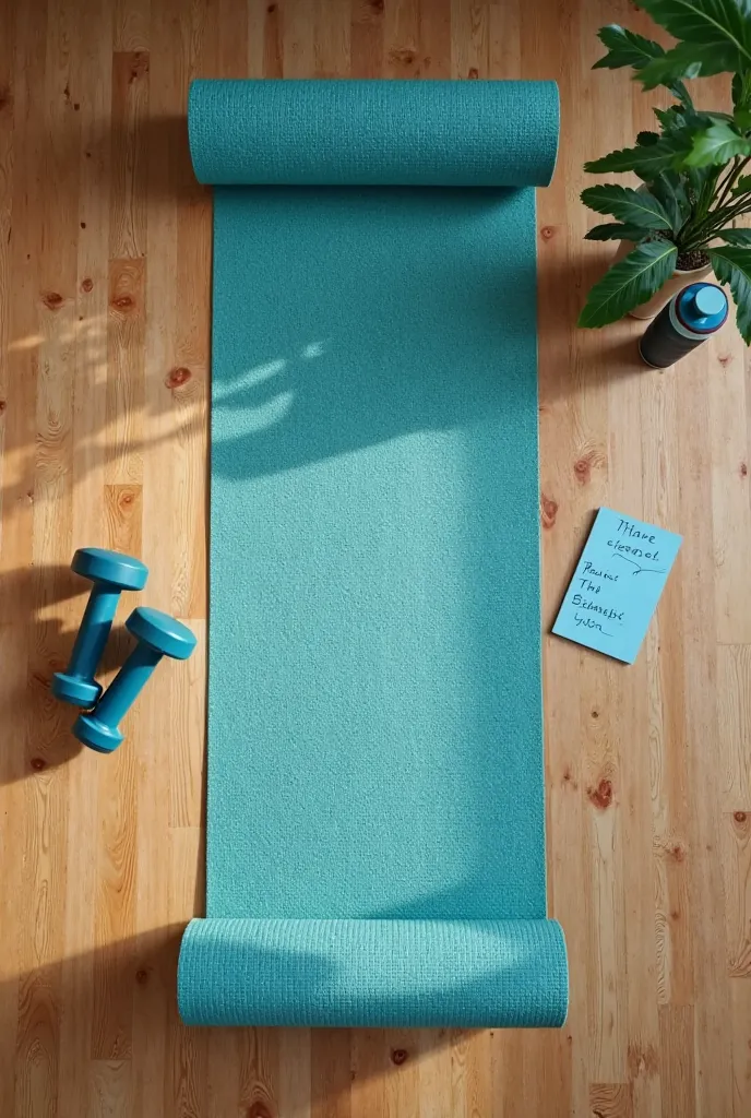 A top-down view of a workout space in a home—just a yoga mat, a pair of dumbbells, a water bottle, and a notepad with a workout plan written on it. The setting is simple yet effective, proving that fitness doesn’t require a gym. The color scheme is warm an...