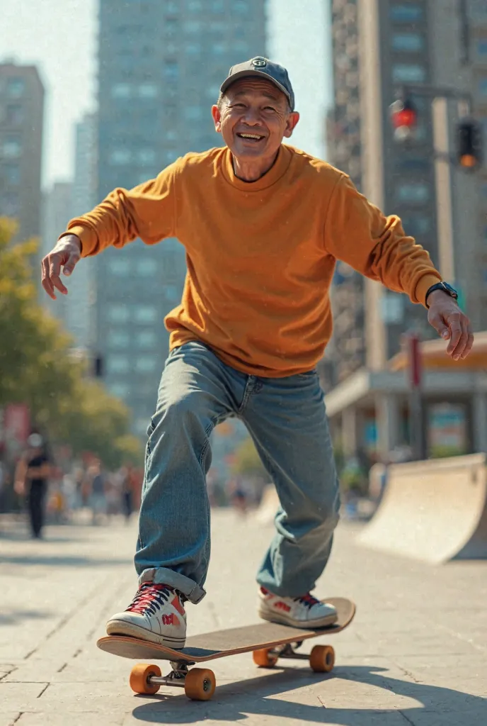 Create a smiling middle aged Chinese skateboarder with a cap on his head 