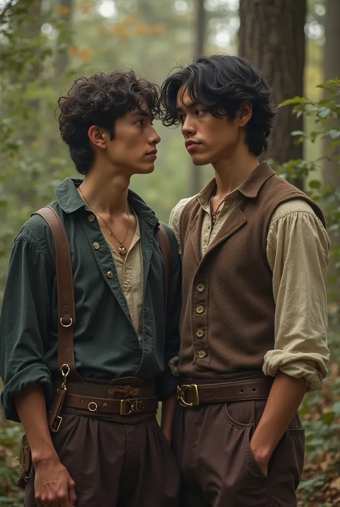 I want two 22-year-old brothers, one with black hair and the other with ash hair. clothing. Both of them must have masculine and beautiful features.. They wear vintage village clothes and are in a forest 