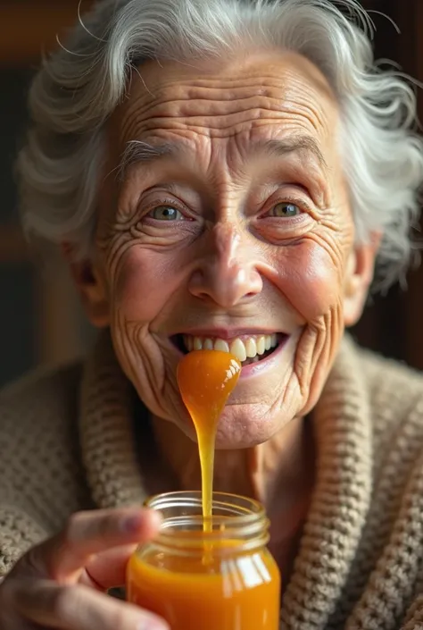 Photorealistic portrait of a happy, elderly person eating honey from a jar. Wrinkled face, kind eyes, a genuine smile. Warm, natural lighting.  Honey smeared around their mouth.  Focus on the texture of the skin and the details of the honey.  Ultra-realist...