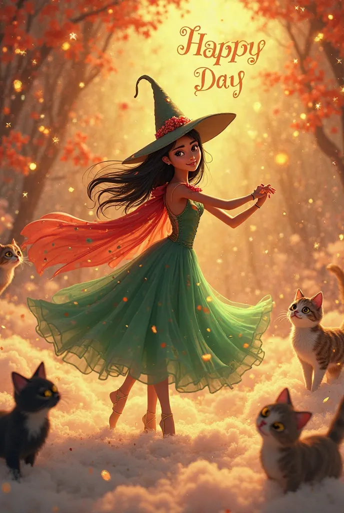 Pixar-like image of a beautiful Latin woman, a tender adult ballerina dancing in a hammer-green and red witch costume with long straight black hair and brown eyes with large cheekbones, dressed in a long green dress., yellow and red in the midst of cats da...