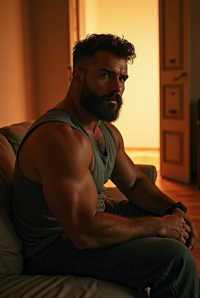 side angle view shot of a very handsome and strong man sitting on a coach, with beard very sexy and strong with an opened door emanating light behind him, seen from above, warm light room