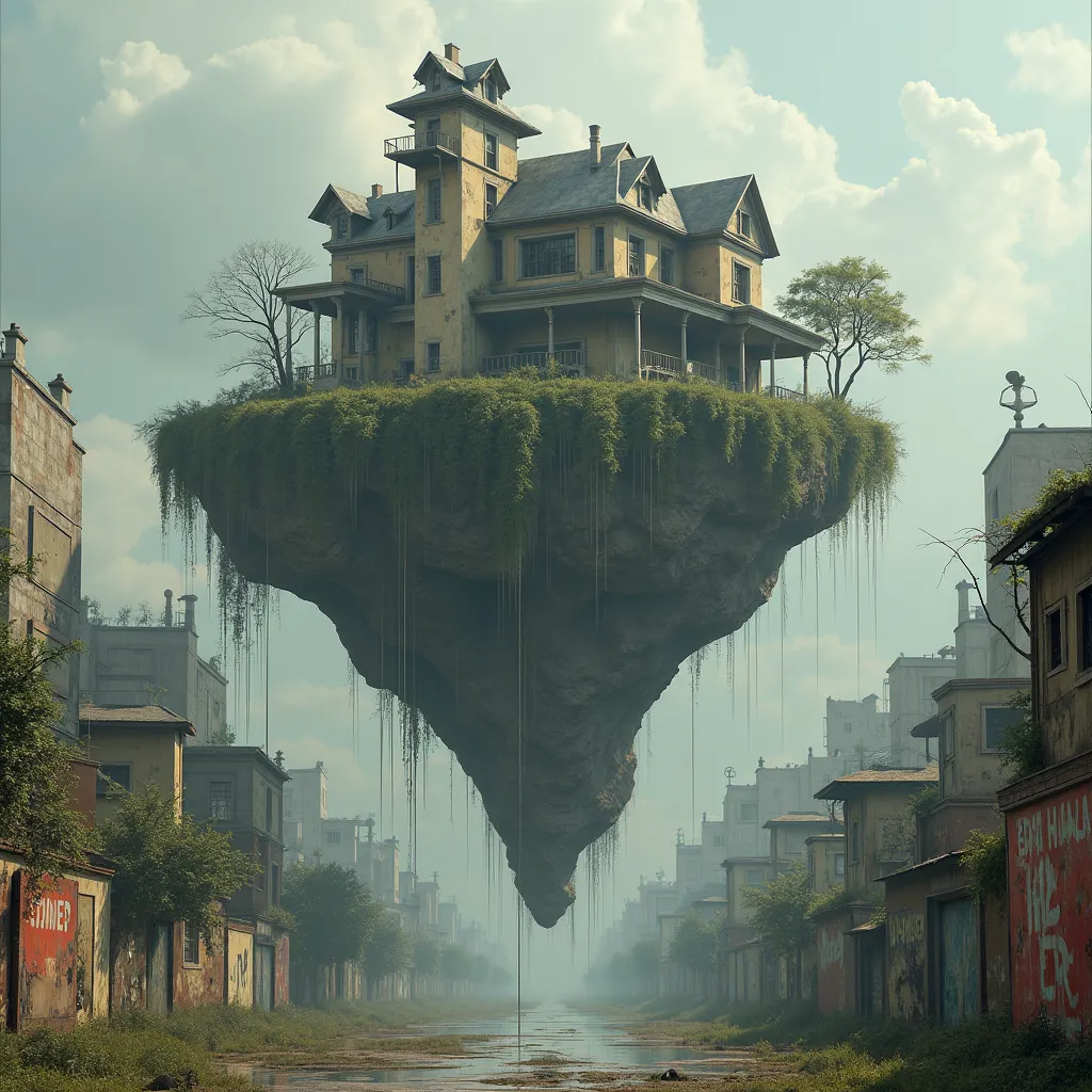 floating small island on it modern style with dilapidated big house with alley intertwined wall with light advertising with dystopian atmosphere