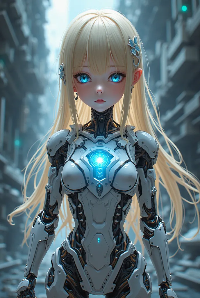 anime style, science fiction, a ten year old girl , long blonde hair, mechanical blue eyes, cyborg girl , biomechanical , hardware , technological plate fused to her chest ,flat chest , blue light core,  power cables connected to her body ,maid  , belly , ...