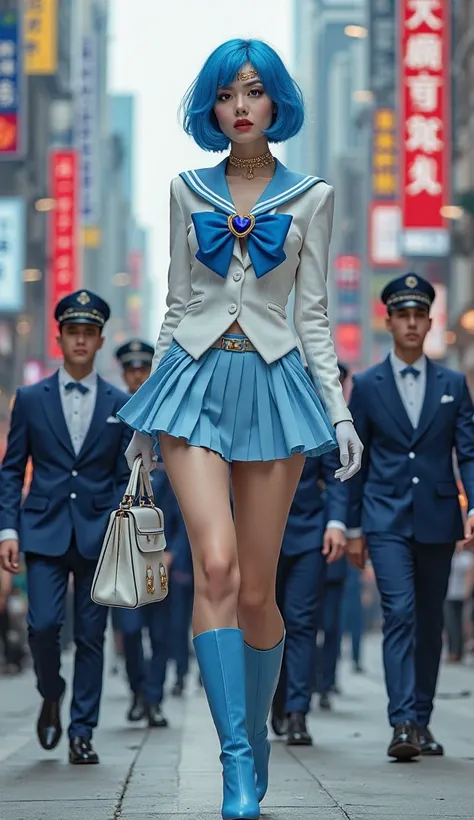 "A full-body image of a striking and elegant woman dressed as Sailor Mercury from Sailor Moon, walking confidently down a bustling urban street. She is surrounded by a group of men in navy blue mafia-style suits and matching caps, following her like bodygu...