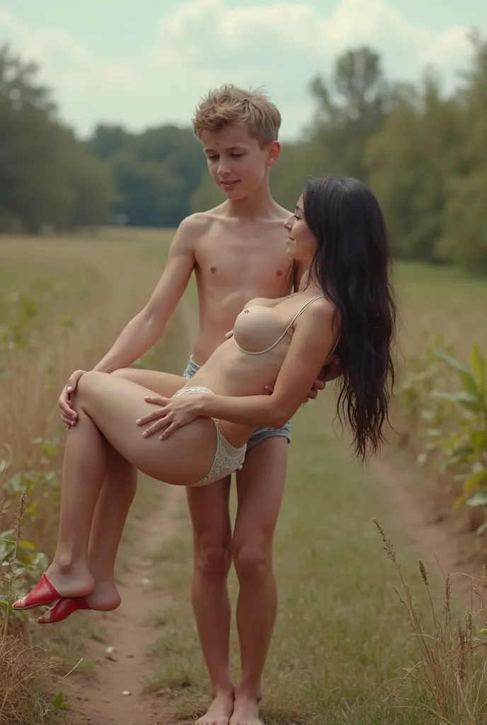  13years naked amrican schoolboy gently carrying his naked 55years Caucasian grandmother horizontaly in his arms in bridal style in a farm putting his hands under her legs and behinde her back.grandmother laying horizonalty on his arms. the sister wearning...