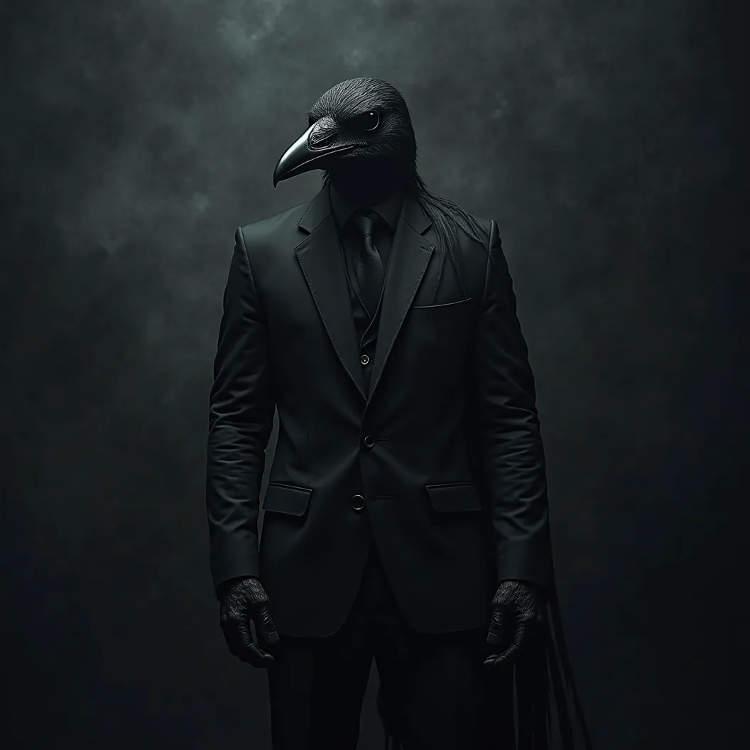 A human + crow hybrid. Wearing all black 3 piece suit. Dynamically posing for photoshoot. Cool looking. Dark smokey background. High Resolution, UHD, God Rays, Depth Of Field, Hyperdetailed, Hyperrealism, Cinematography, 