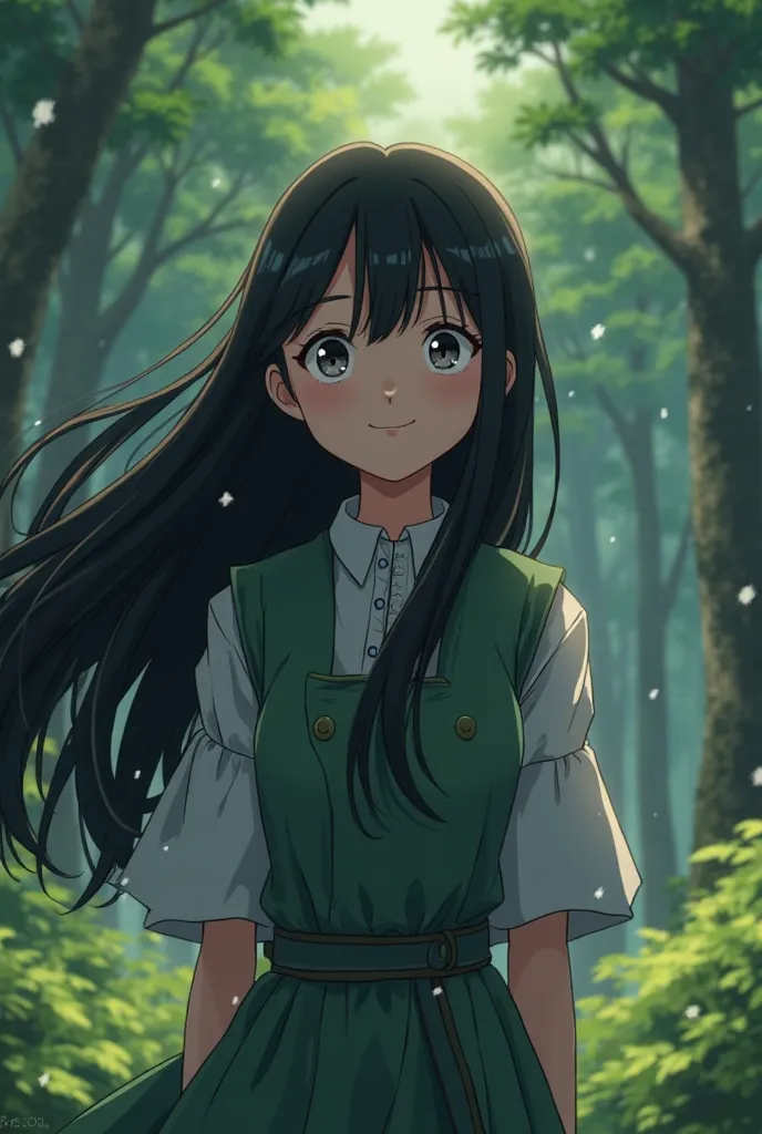 An anime-style picture with Disney with a bit of reality. A 17-year-old  wearing respectable clothes in a green forest, a beautiful girl with long black hair that gets tangled with the wind, and gray eyes that reflect the moonlight as small mirrors