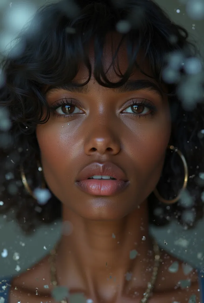 A black woman, 20 years old, black wave short hair to the shoulder, light brown eyes, crying, she's crying, shatter glass reflecting her tear eyes or face, reflection of shatter glass looking at the camera,  plush lips,ultra high detail 3D effect, transpar...