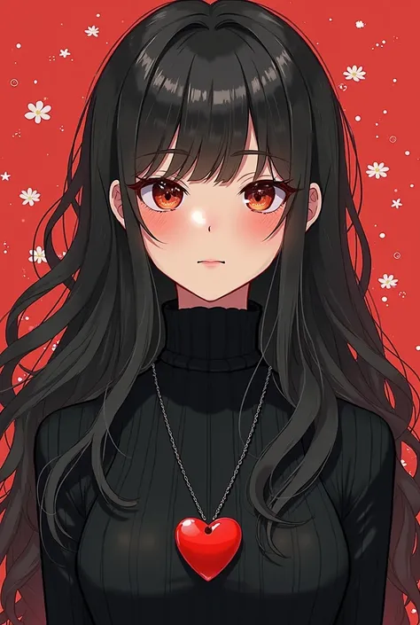 arafed woman with long hair wearing a black sweater and a red heart necklace, 🪔 🎨;🌞🌄, asymmetry!!, Yoshitomo Nara, 8k)), 🚿🗝📝,  shikamimi, by Ayami Kojima, Chiho,  sakimichan, ulzzang, 8k!!