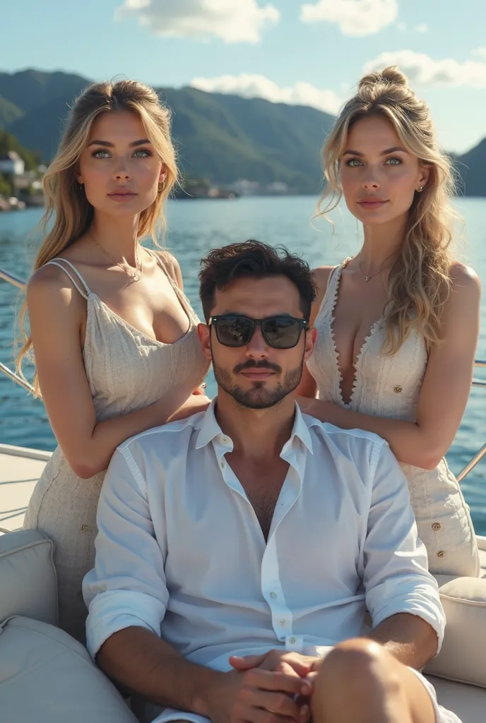 An Asian man in a yacht with sunglasses, Between 2 Norwegian women with blue eyes,  Ultrarealist , 8k 