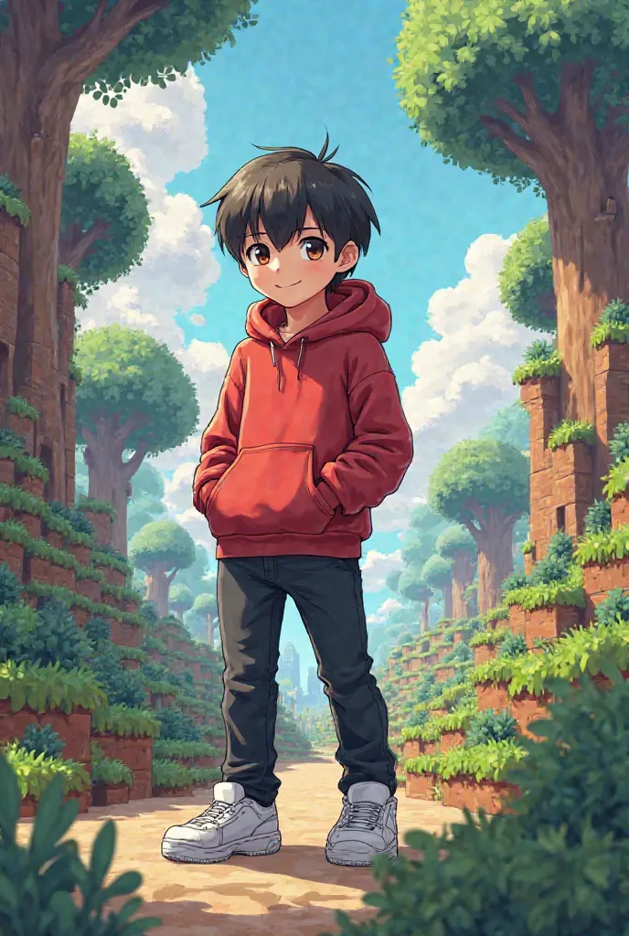 Boy wearing red hoddie wearing white shoes in black pants against Minecraft anime background