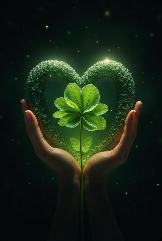 Five-leaf clover inside a heart and black background