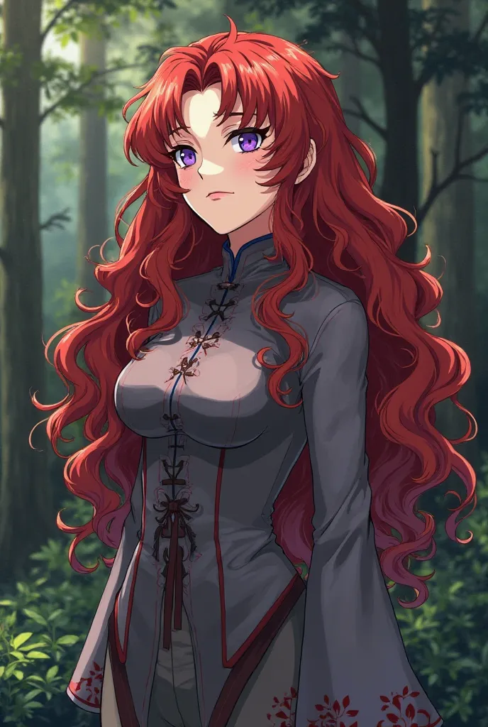 a woman from the anime demon Slayer with long curly red hair and purple eyes and an eye slap in the left eye standing in front of a forest with trees and shrubs in the background, Eizan Kikukawa, Pre-Raphaelism,  official art , a character portrait in the ...