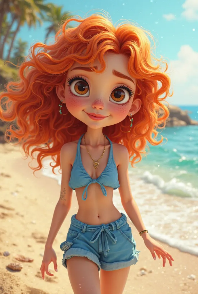 A character with a beach vibe with curly red hair, freckles, brown eyes, white skin with a blue outfit