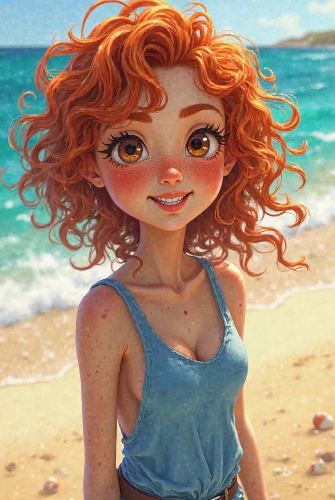 A character with a beach vibe with curly red hair, freckles, brown eyes, white skin with a blue outfit