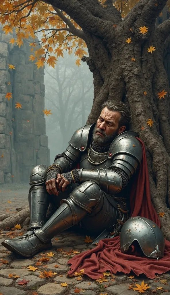 A mortally wounded knight slumps against a tree, helmet discarded, agony on his face. Fog, ruins, and falling leaves set a sorrowful tone. Oil painting, deep emotion.