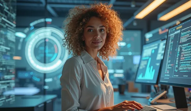 LIGHT COLORED CURLY WOMAN REVOLUTIONIZING ACCOUNTING WITH AI