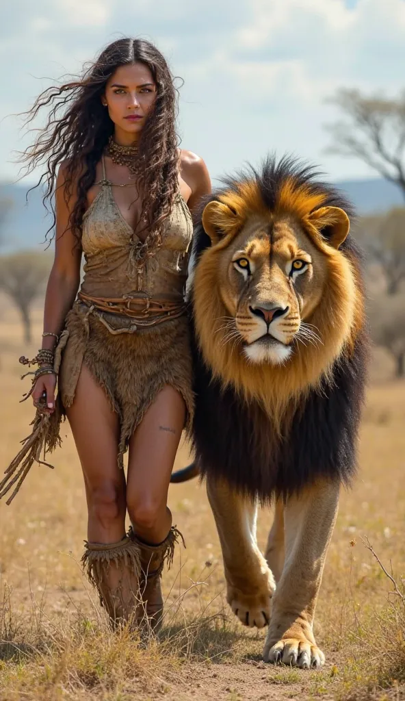 "A prehistoric woman,  Standing and looking straight ahead , walking with a majestic lion from the prehistoric era. The woman, Dressed in animal skins, he has a firm and decisive look, with long and messy hair, showing strength and connection with wild nat...