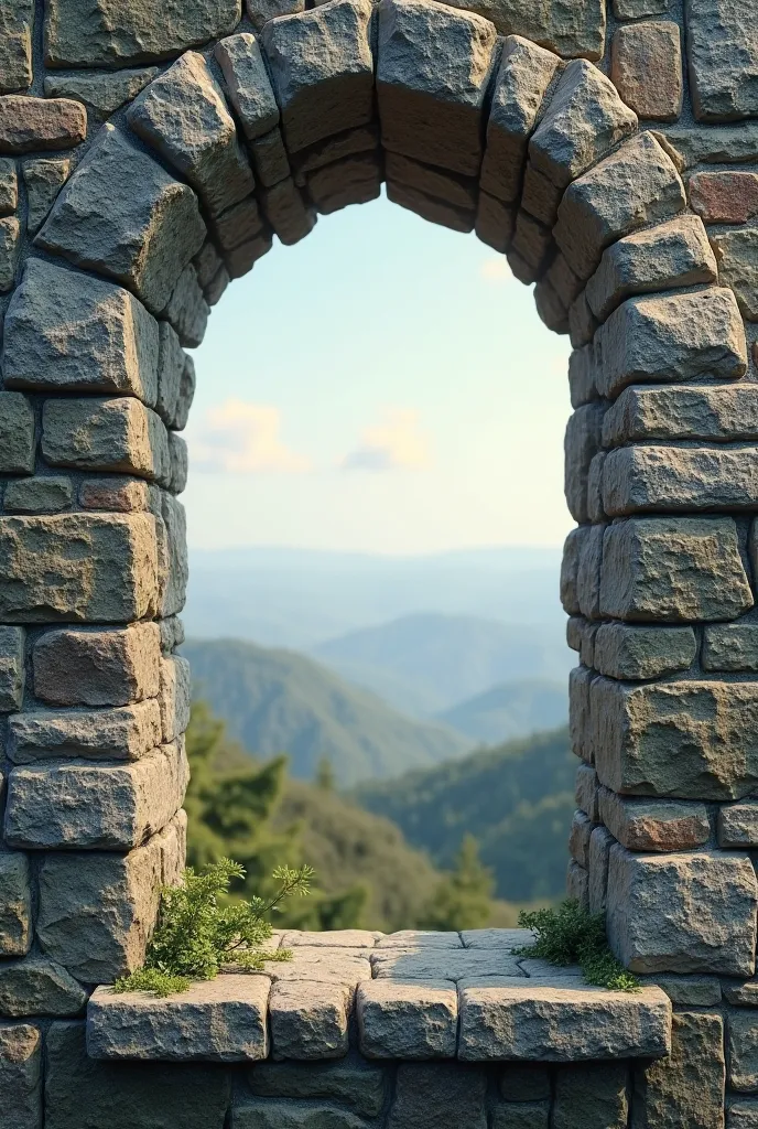 You could create an image of a stone window, outside, On the other side, A landscape