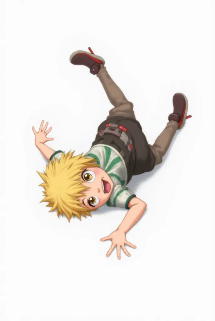 Screenshot of My Hero Academia.   old girl, short yellow hair and brown eyes, cuerpo completo, falling head over heels against a white background, in the style of horikishi
  