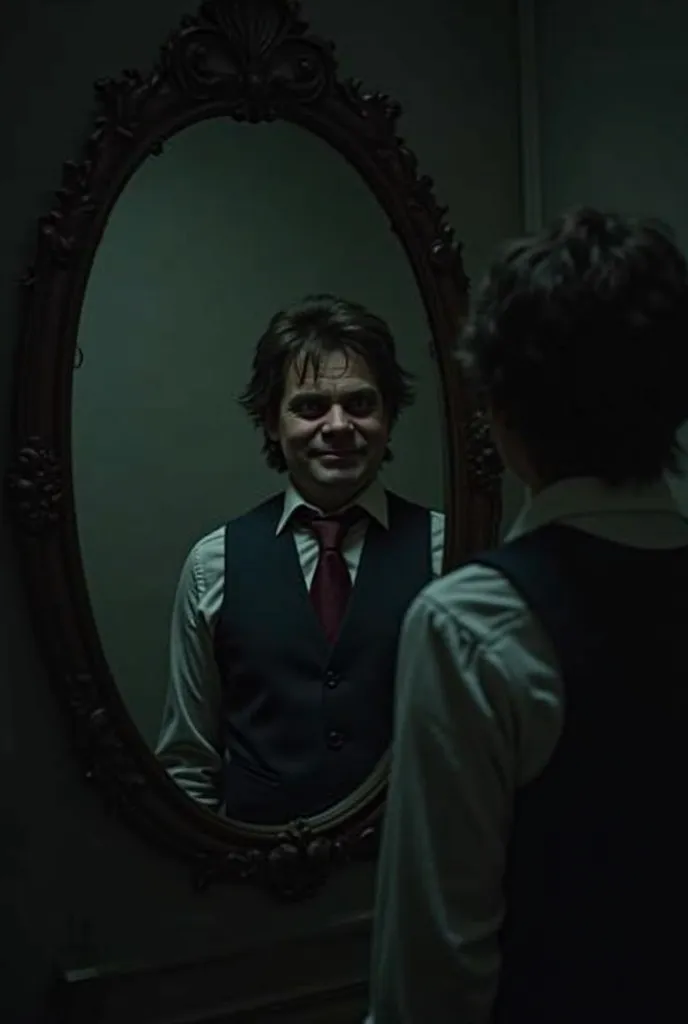 "A mirror in a dark room , reflecting a figure identical to the person looking at, but with a small wrong detail—such as a slightly distorted smile or blinking eyes at different times.  The environment has a dark and mysterious tone ."

