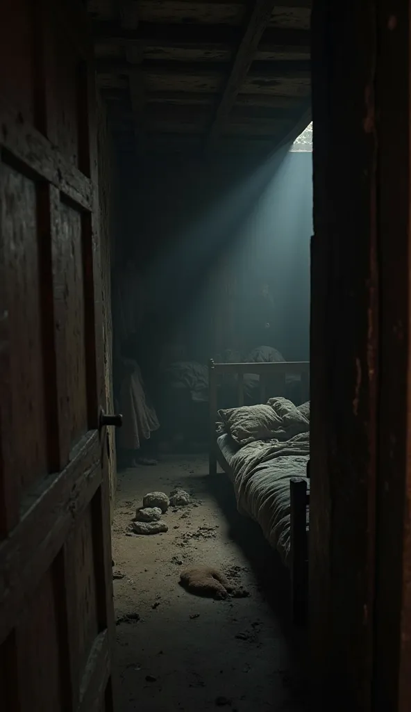 "Create a cinematic scene from first-person perspective, where the spectator wakes up in a simple and cramped environment, characteristic of a slave room in colonial Brazil. The space is dark and muffled, with light filtering through cracks in the wooden w...