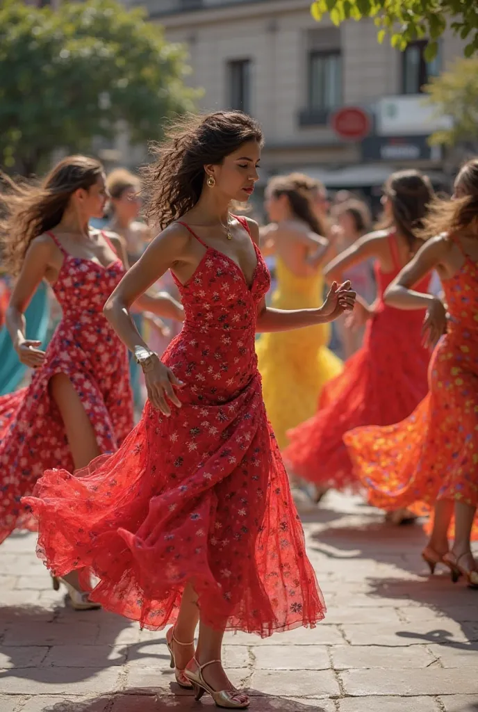 A group of women in colorful dresses are energetically dancing salsa in the same area. They move in synchronized steps, performing quick footwork, while lively Latin music plays in the background. The dancers spin in the same direction, their movements swi...