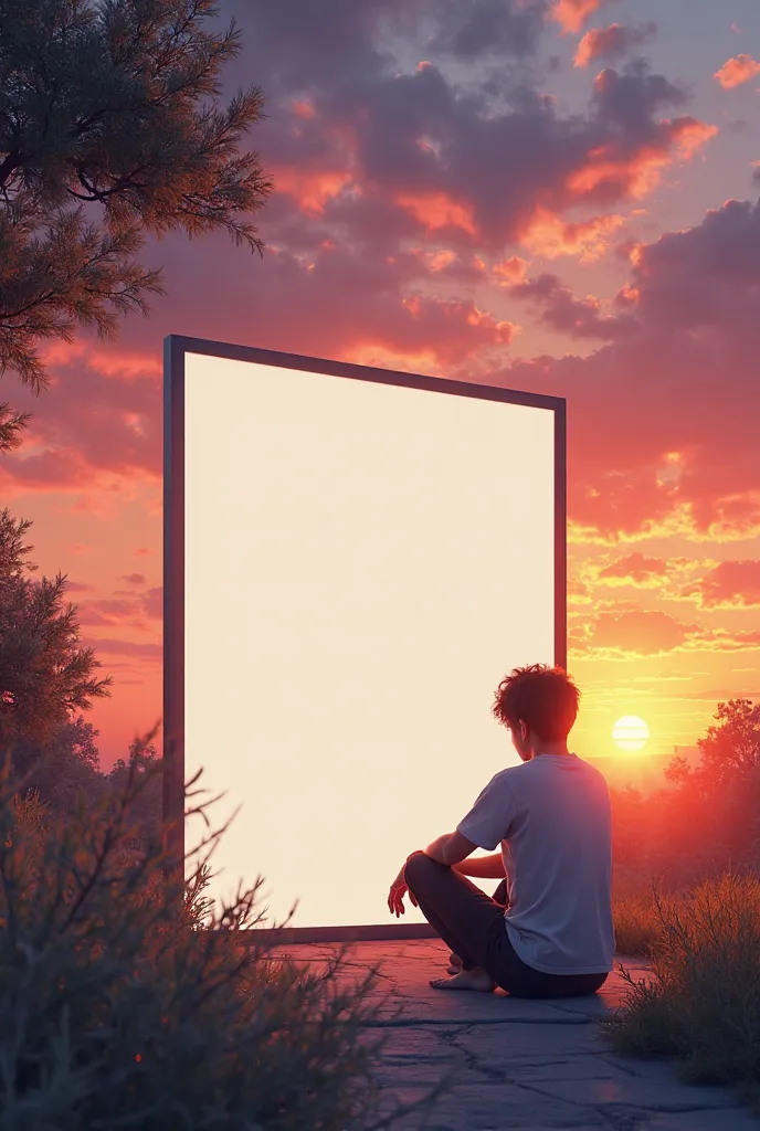 Create realistic image of a sunset in the background with a white poster in the front and a person sitting looking at that poster