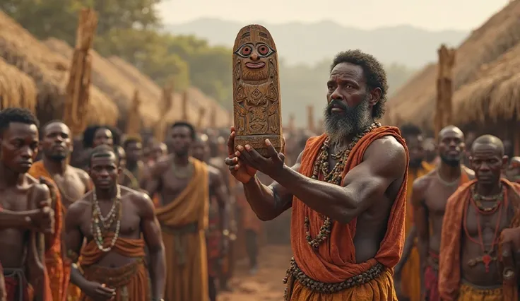 An african man holding up a wooden idol and showing it to a crowd of people, in 3000BC, 3D realistic, highly detailed features