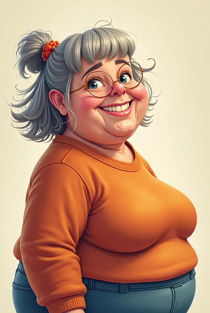   animated but realistic illustration of  FAT female ager, is about to turn . She has fringes and has a chubby build  ,  His eyes are honey color .