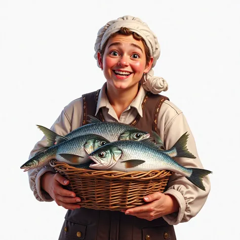 mascot on a white background, a cheerful Russian merchant in traditional clothes hugs a basket wicker fully filled with fish, merchant very happy, professional visualization 