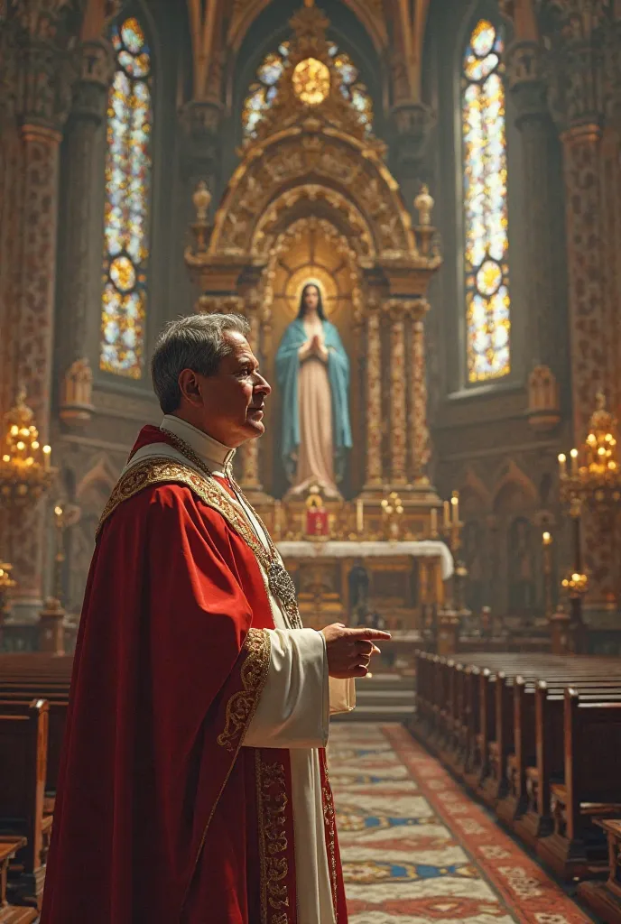 Create a photo of Pope Joaquim. He is a young Pope, about 45 years, he is a devotee of the Virgin Mary and wants her representation in the photo. He is from Portugal