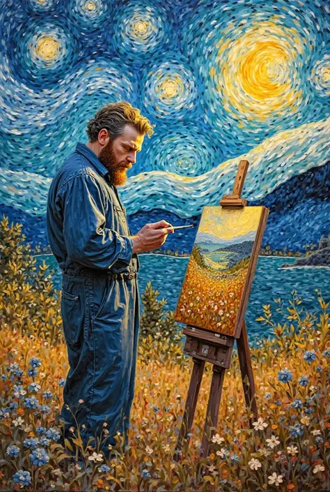 Make the image of Van Gogh with his painting style