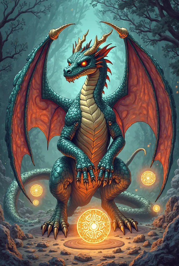 Draw by hand in American comic style a dragon with stones containing shiny symbols floating around it
