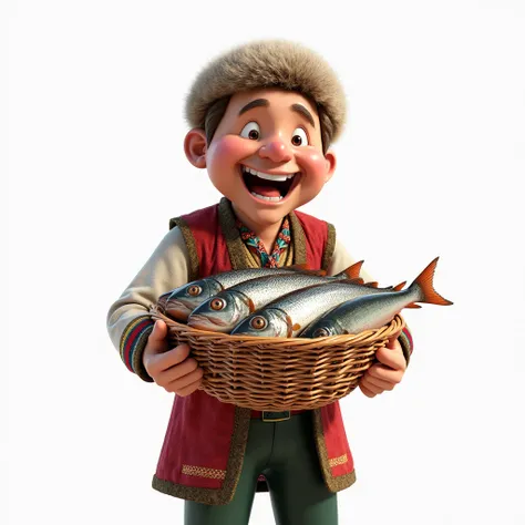 a mascot on a white background, a cheerful Russian merchant in traditional clothes, hugging a basket of wicker fully stuffed with fish, the merchant is very joyful, professional visualization