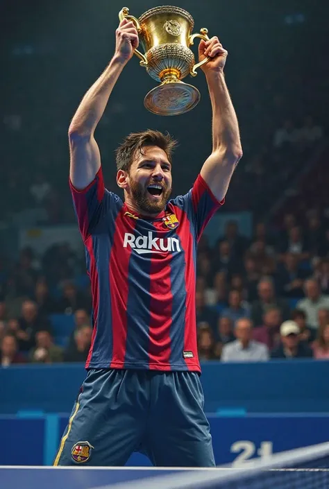  Lifting a table tennis trophy he won 
Lionel Messi.
