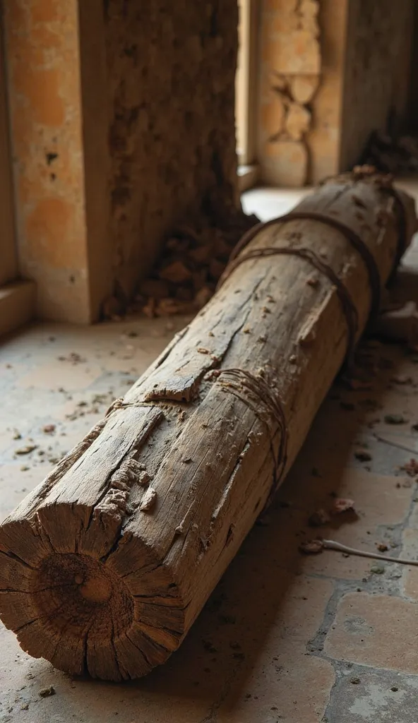 A real wooden date palm trunk inside a simple mosque, appearing to weep with deep sorrow. The trunk has natural textures and grooves, with a few tears forming on its surface. Soft light filters through the mosque, creating a solemn and emotional atmosphere...