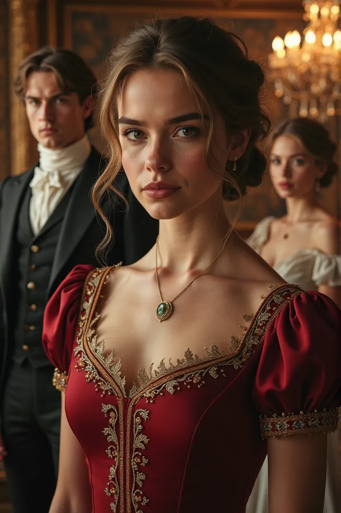 
**Prompt:**  
*"A young woman of aristocratic beauty, fair skin and intense look, wearing an elegant dark red dress with gold details, representing strength and vengeance. Her hair is impeccably tied in a Regential Era hairstyle. The background shows a lu...