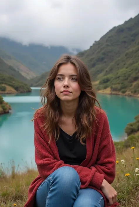 A woman with honey-colored eyes and brown hair is sitting in front of a serene lagoon in the Ecuadorian highlands. She is wearing blue jeans, a black blouse, and a cozy red wool jacket. The scene captures the peaceful, natural beauty of the Andean mountain...