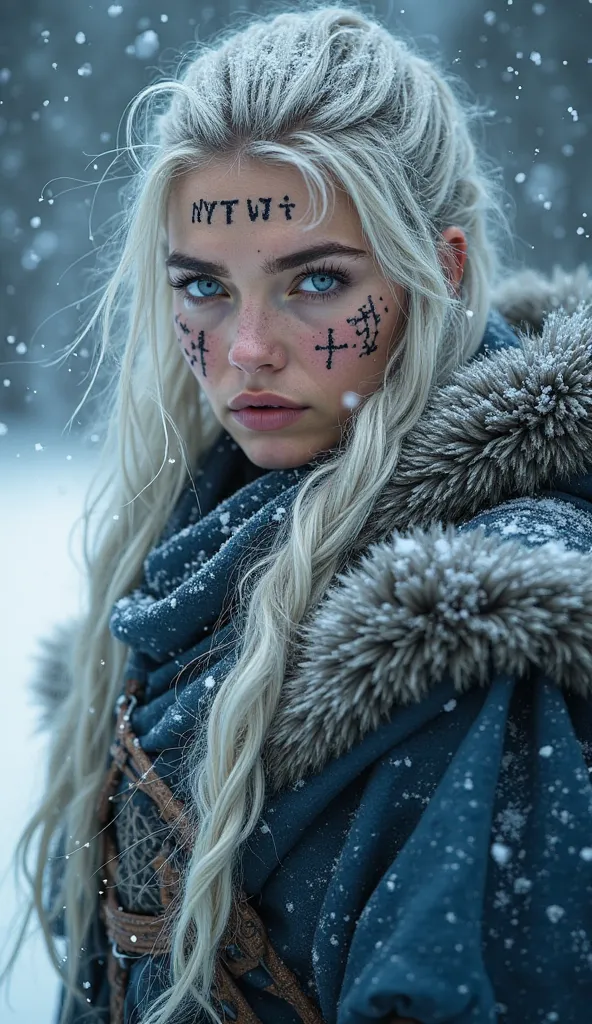 A strikingly beautiful warrior woman with piercing icy blue eyes, her gaze intense and powerful. Her long, silver-white hair is slightly tousled, with strands falling over her face, partially covered in frost and snow. Her skin is fair and smooth, but ador...