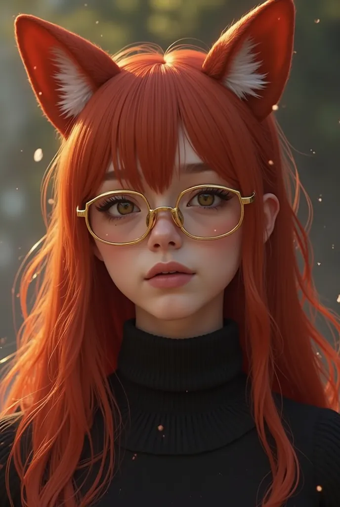 Create a character with long or medium red hair using red Wolf ears like this, taking off discreet but discreet with bright gold glasses but very discreet, with the black turtleneck looking like a mouco from Free Fire and I also want the image of the trunk...