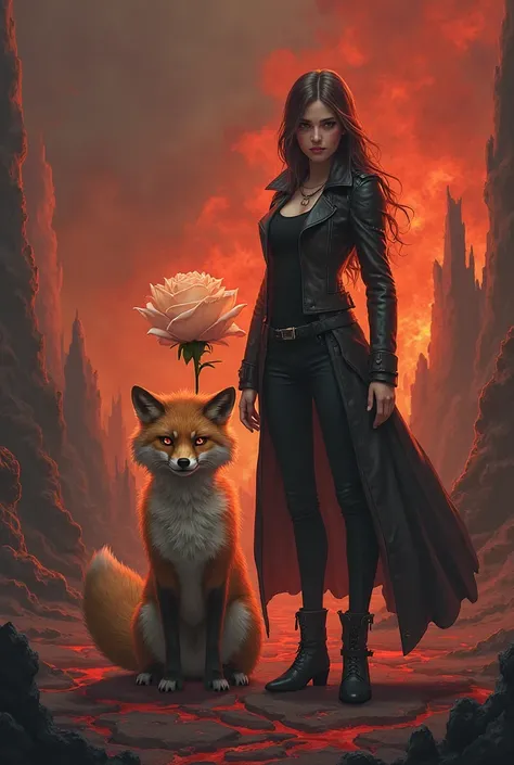 Draw a fox with hell in the background, let the fox be nervous and behind the light rose and the jett character in the game of valorant standing slightly.