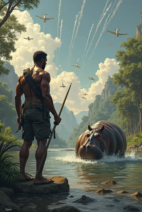 photorealistic image of An African American Man in 1943 hunting hippopotamus in Africa on the river as he sees the hippo bombed by World War II airplanes