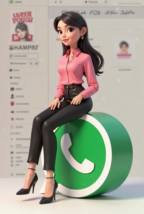 Create a 3D illustration of an animated female character sitting casually atop a social media logo "WhatsApp ". The character of a white woman, must wear elegant pink blouse, black pants and tailoring, black elegant shoe, Long hair with colorful highlights...