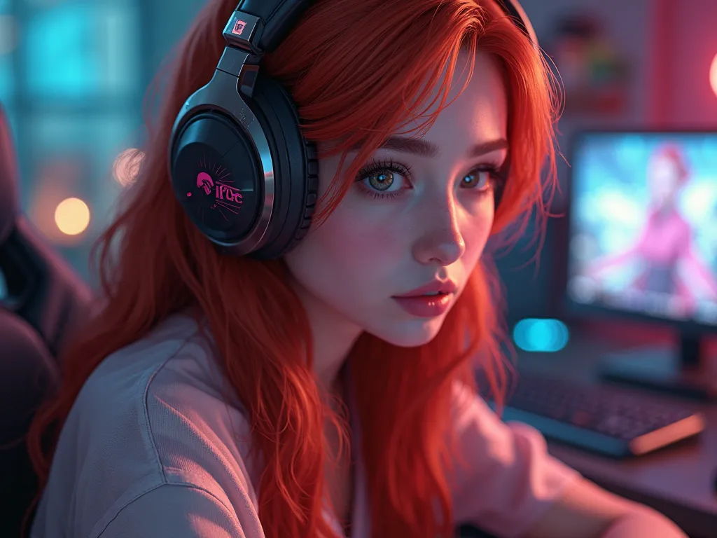 crie uma  gamer com headset rosa,  with long red hair , Ultra realistic and in 3D, 