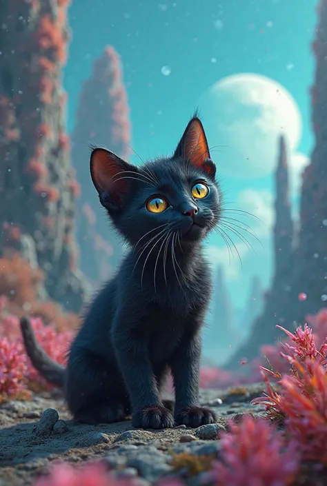 Create a black kitten that lives on a planet called Yucate