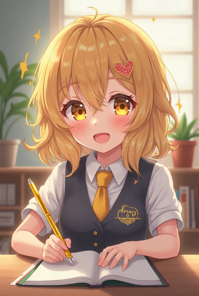 Playful pretty high school girl, Slightly wavy yellow hair, Neat high school student , yellow tie, yellow eyes, heart hairpin, is writing with a notebook and a golden pen