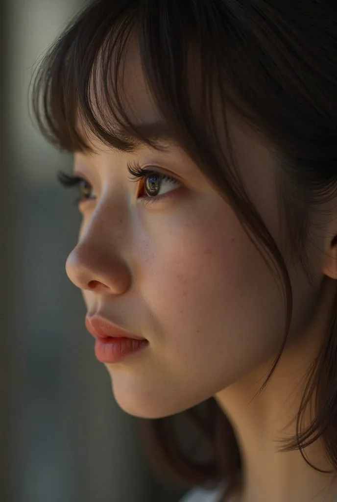 Extreme closeup side profile of an Extremely realistic grown up sexy young daughter's face with straight long brown hair, as she has a double chin growing.